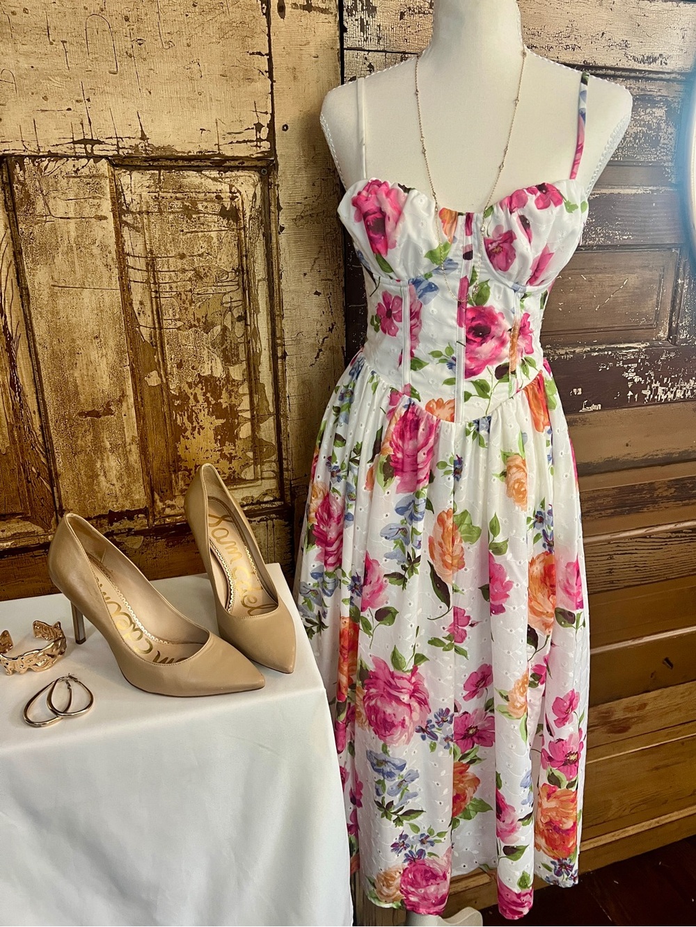 NWT Floral Corset Midi Dress | Lace-Up Back | Cottagecore Garden Party | Size XS